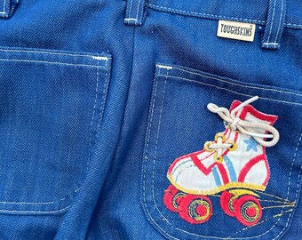 Vtg 1970s Toughskins Sz 6/7 Kids Jeans Rollerskate Patch Unisex Denim