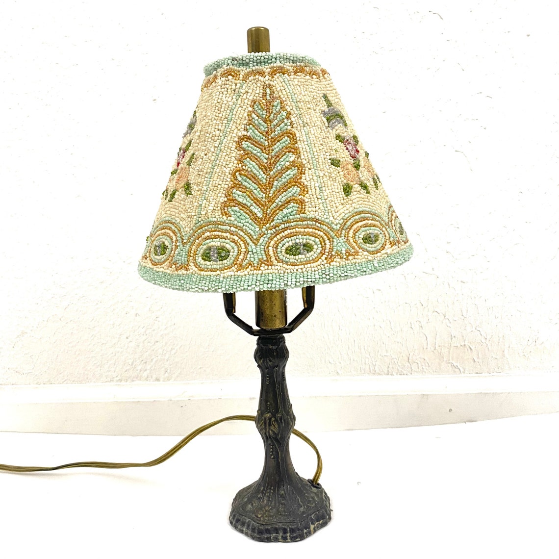 Vintage Brass Bedside Lamp Beaded Shade Victorian Cottagecore Etsy