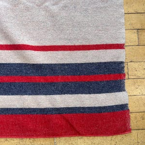 Peut inclure: Une couverture rectangulaire avec un fond gris clair et des rayures horizontales rouges et bleu marine. La couverture a une bordure rouge et est faite d'un mat&eacute;riau doux et textur&eacute;. Les rayures sont espac&eacute;es uniform&eacute;ment.