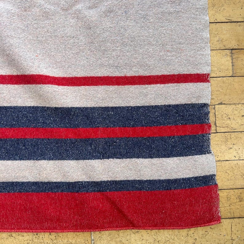 Peut inclure: Une couverture rectangulaire avec un fond gris clair et des rayures horizontales rouges et bleu marine. La couverture a une bordure rouge et est faite d'un mat&eacute;riau doux et textur&eacute;. Les rayures sont espac&eacute;es uniform&eacute;ment.