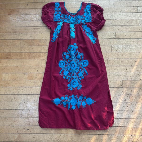 Vintage Mexican S/M Embroidered Dress Floral San Antonini Handmade Blue Maroon