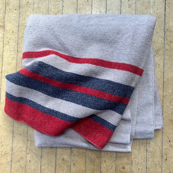 Vintage Wool Blanket Hudson Bay Style Red Blue Striped 66x74" Bedding