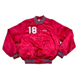 vintage King Louie LG Satin Jacket Baseball Mike Chainstitch Red 1970s High School