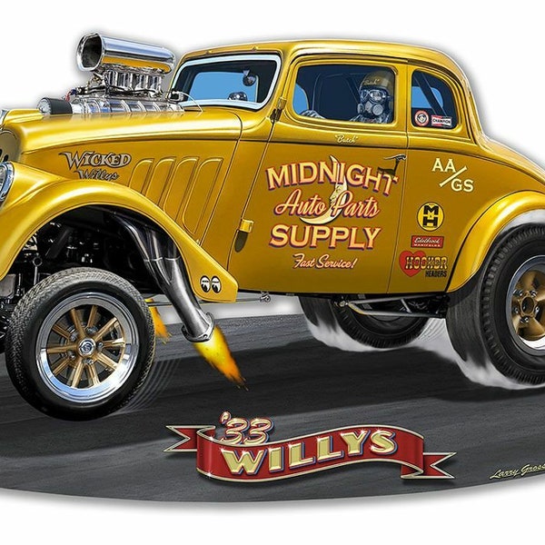 1933 Yellow Willy's Gasser Midnight Auto Parts Supply Plasma Cut Metal Sign