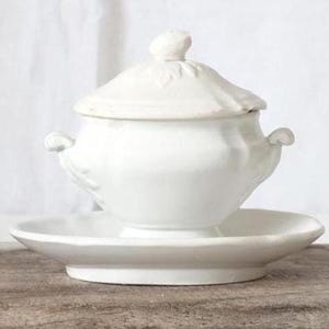 Antiker französischer Keramik Senftopf 1870 Weiss Patina Marmeladendose Landhaus Tafelgeschirr Bauernhaus Küche Keramiktopf Dose Schüssel