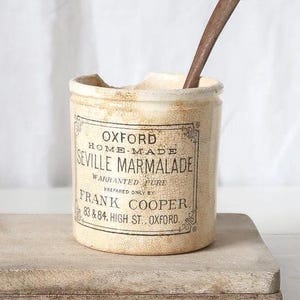 Antiker Keramik Marmeladentopf Frank Cooper Seville Marmalade Starke Patina Konservenbehälter mit Aufdruck Vorratsdose Landhaus Küchen Dekor