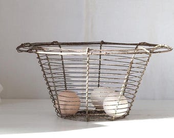 アンティークの卵バスケット、ワイヤー、希少、大型、フランスの