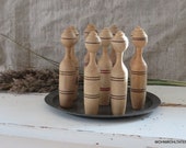 Vintage wooden skittles game - Set of 9 rustic bowling pins - Primitive wooden toy