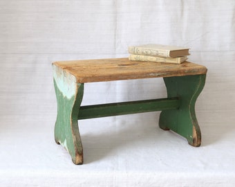 Antique wooden stool Handmade chippy green bench Rustic Farmhouse decor