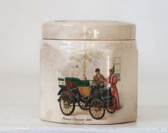 Alter Keramiktopf mit Deckel Stark patinierte Vorratsdose für Marmelade Runder Teebehälter mit Dekor Rustikale Landhaus Küchen Aufbewahrung