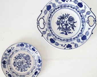 2 Antique ironstone plates Round serving dishes with blue decor Rustic Farmhouse tableware from 1895