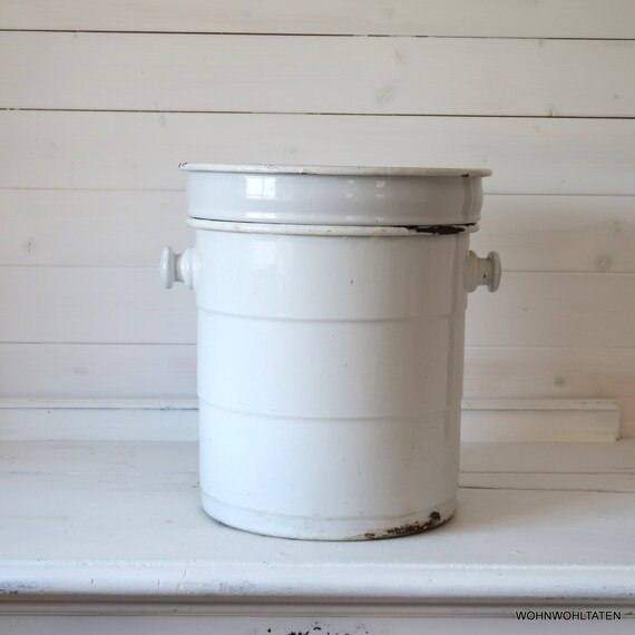 Antique White Enamel Bucket Large Tin Container Round Etsy