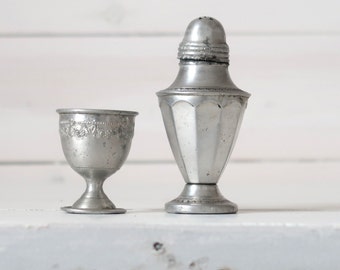 Antique salt shaker with egg cup Primitive metal Farmhouse kitchenware Rustic tableware from Belgium