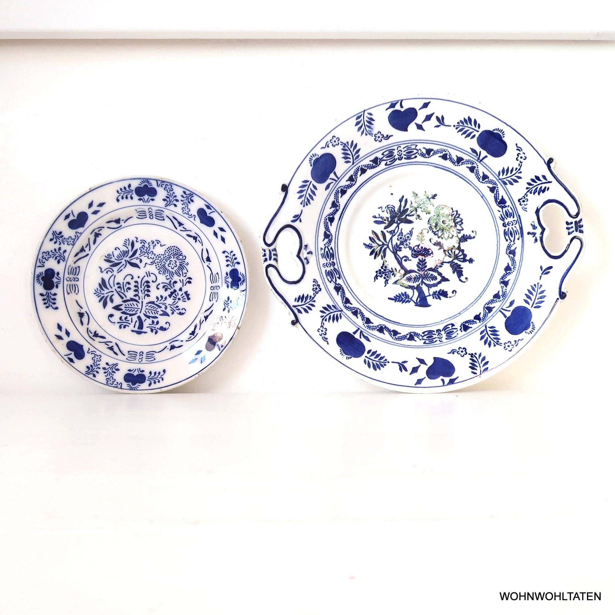 2 Antique ironstone plates 1895 Serving dishes Blue decor Onion pattern strawflower decor Farmhouse tableware Country kitchen decor