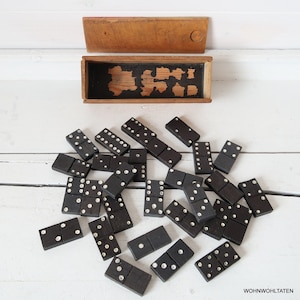 Vintage handmade Domino game Black tiles in wooden box wooden toy with 28 tiles Farmhouse decor Country Home style Kids room decor