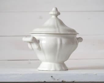 Antike weisse Keramik Terrine Kleine Suppenschüssel mit Deckel Landhaus Tafelgeschirr Schmider Zell 1899
