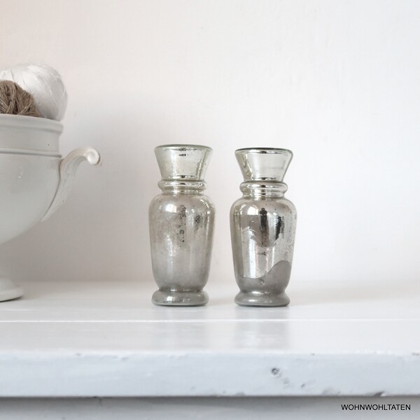 2 Antique handmade silver-colored rare glass vases - Hand-blown silver with patina  - XS Silvered mercury glass vases