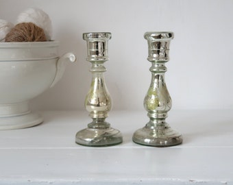 2 Antique antique Mercury Glass Candle Holders - Hand-blown silver glass - Poor Mans glass candle holder