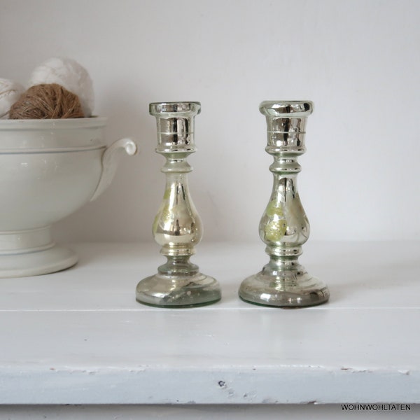 2 bougeoirs antiques faits à la main en verre au mercure - Verre argenté soufflé à la main - Chandeliers peints à la main en argent fermier