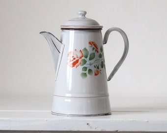 Antique white enamel jug Large coffee pot with floral decor White enameled water pitcher White farmhouse kitchen decor