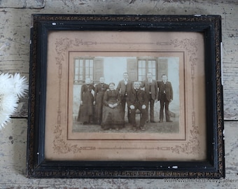 Antiker Bilderrahmen mit Fotografie Schwarzer Fotoständer mit Glasabdeckung Rustikale Landhaus Dekoration ca 1890