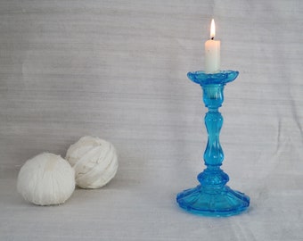 Simple candle holder Large pressed glass candle stick Blue candle stand Rustic Farmhouse decoration
