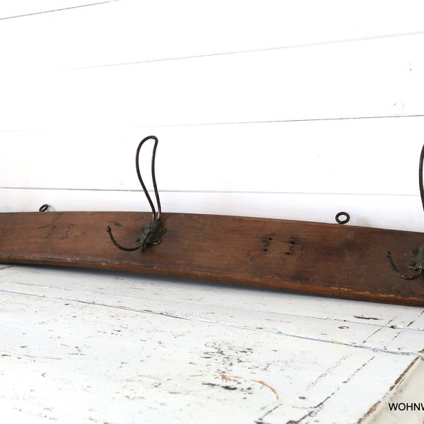 Antique farmhouse hook rail Large wooden bar with 3 hooks Rustic Farmhouse coat rack