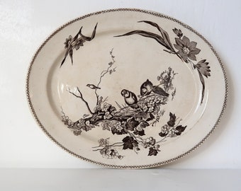 Antike grosse Keramikplatte Länglicher Teller mit braunem Dekor Rustikales Landhaus Tafelgeschirr JOSEPH ROBINSON 1885
