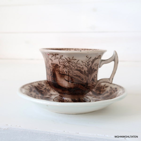 Antike Keramik Tasse Seltene Tee Tasse mit braunem Dekor Rustikales Landhaus Tafelgeschirr