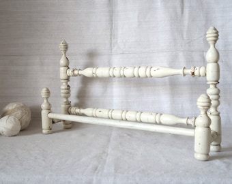 Antique wooden towel bar Chippy white hook rail for tea towels Rustic farmhouse Decor