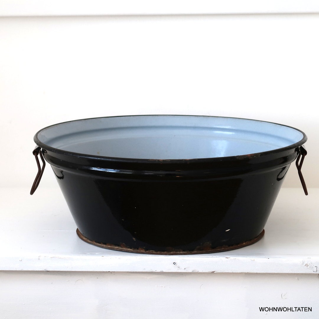Antique XXL Enamel Tub With Handles Simple Round Black Bowl Etsy