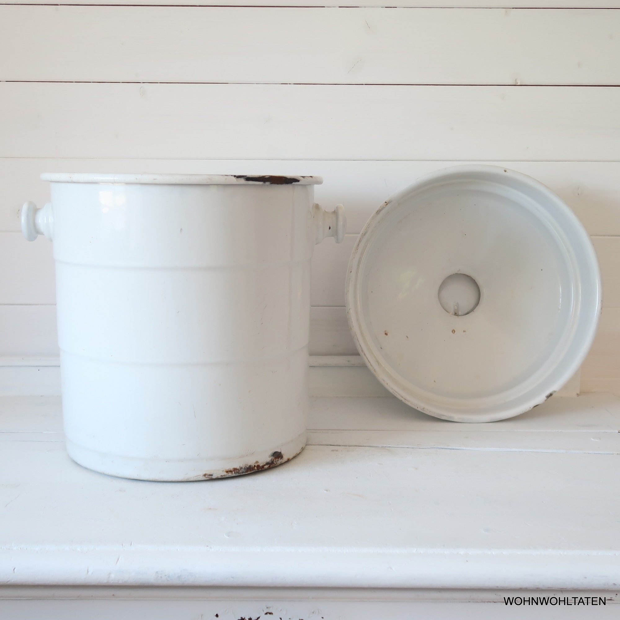 Antique White Enamel Bucket XXL Tin Container Round Etsy
