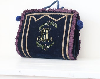 French antique handmade ladie bag Large dark velvet sac with monogram "B H" French Farmhouse Decor