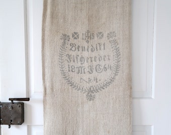 Antique german grain sack with calligraphy 1864 Large bag made of hand woven linen fabric Rustic Farmhouse Decor