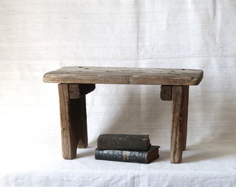 Vintage wooden stool Primitive foot bench Rustic handmade side table Farmhouse Decor