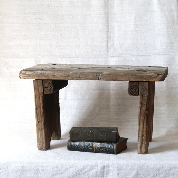 Vintage wooden stool Primitive foot bench Rustic handmade side table Farmhouse Decor
