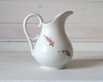 Antique white creamer Milk pitcher with hand-painted floral decor White Farmhouse porcelain tableware