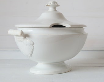 Antique large oval ironstone tureen Antique lidded white tureen Rustic Farmhouse ironstone tableware 1890s