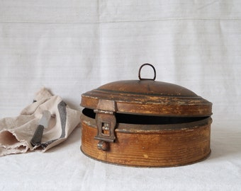 Antique Bread box Round storage container with calligraphy Rustic Farmhouse Decor