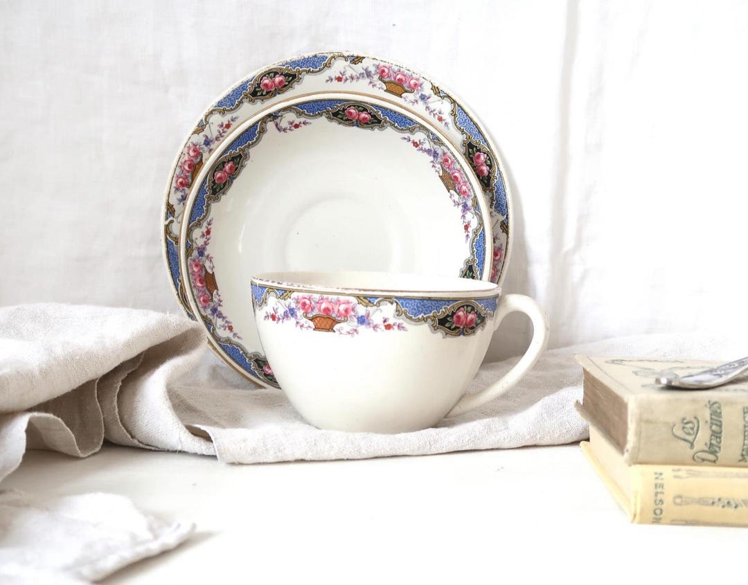 Antique French Sarreguemines Ironstone Coffee Cup Cake Plate Farmhouse ...