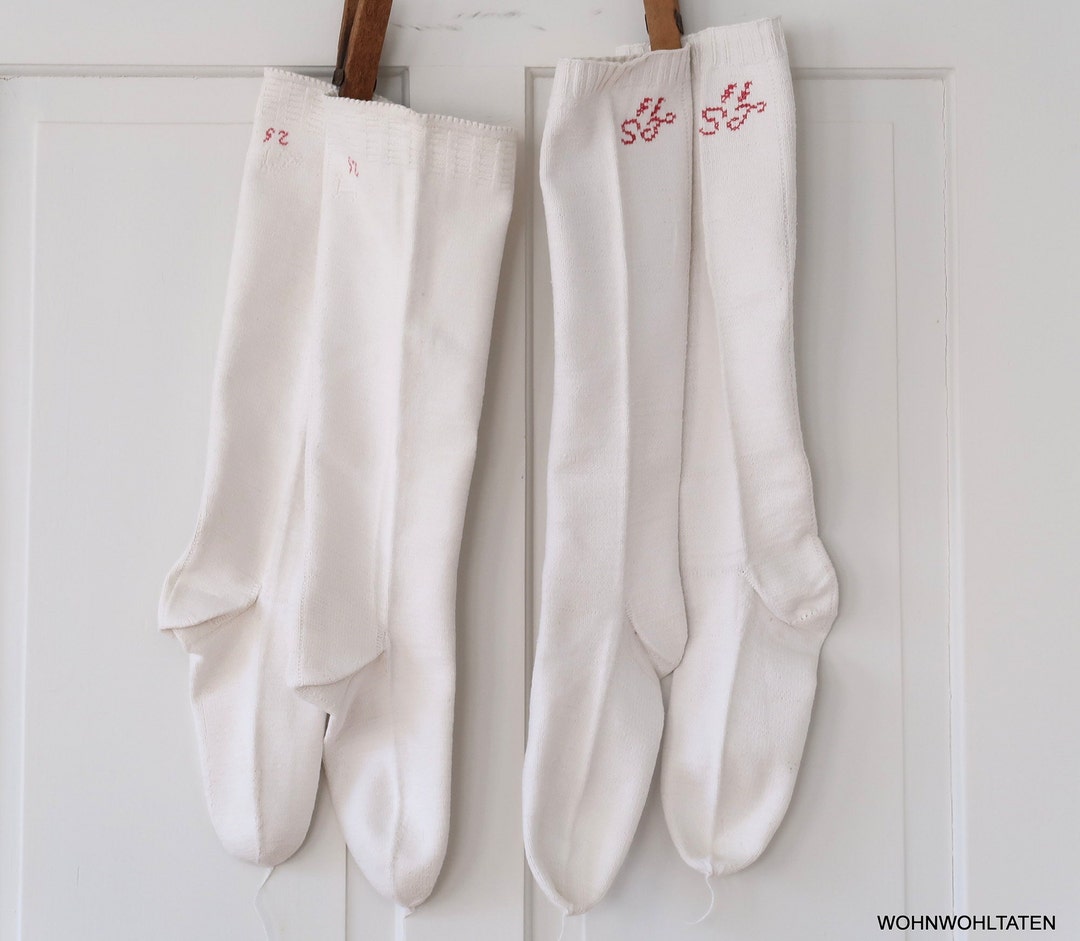 4 Antique XL Knee High Socks From 1920s White Handmade Etsy