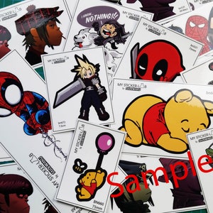 May include: Assortment of colorful cartoon character stickers featuring characters like Winnie the Pooh, Deadpool, Spider-Man, and Groot. The stickers are printed on white paper and have a glossy finish. The text "My Sticker Lab" is printed on several of the stickers.