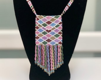 Hand Beaded Medicine Bag With Diamond Pattern and Elaborate Fringe