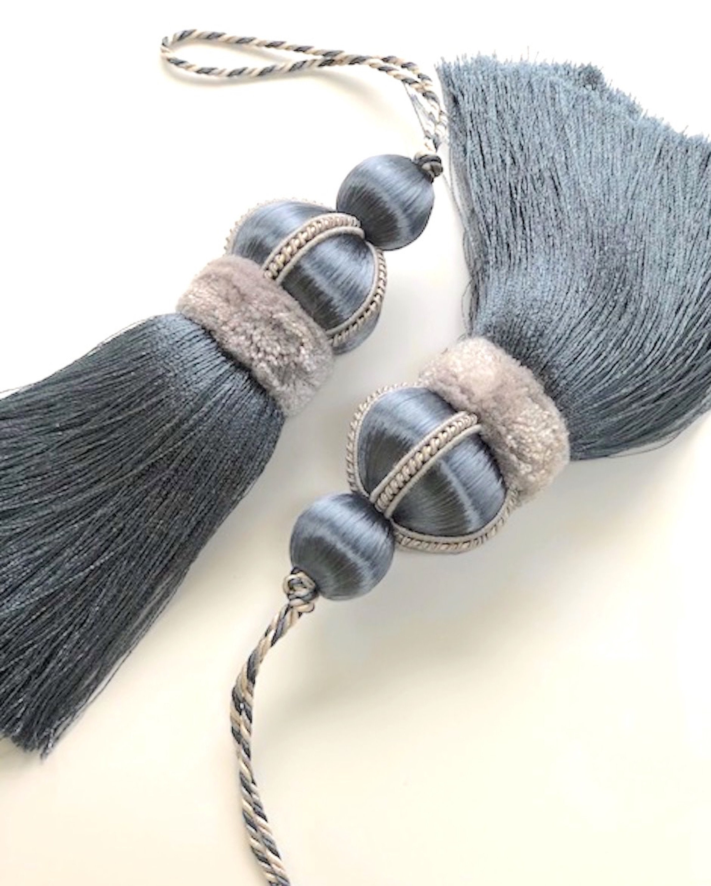 Pair of Slate Blue Key Tassels With Cut Ruche Tassel Height Etsy