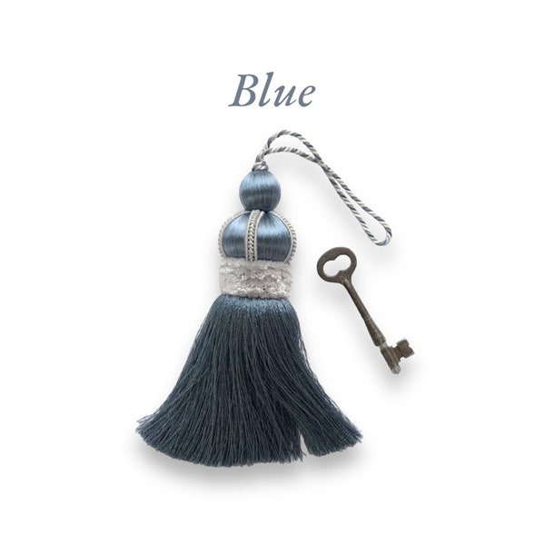 Blue Key Tassel w Cut Velvet Ruche - Tassel Height 5.75"
