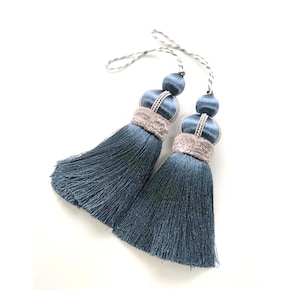 Blue Slate Satin Key Tassels with Cut Velvet Detail – a Pair