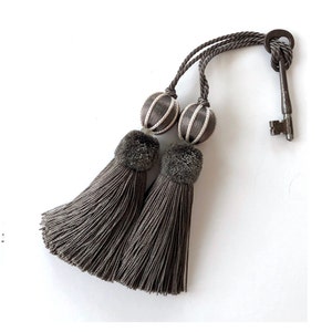Pair of Charcoal / Gray Beaded Key Tassel - H 4.75&quot;