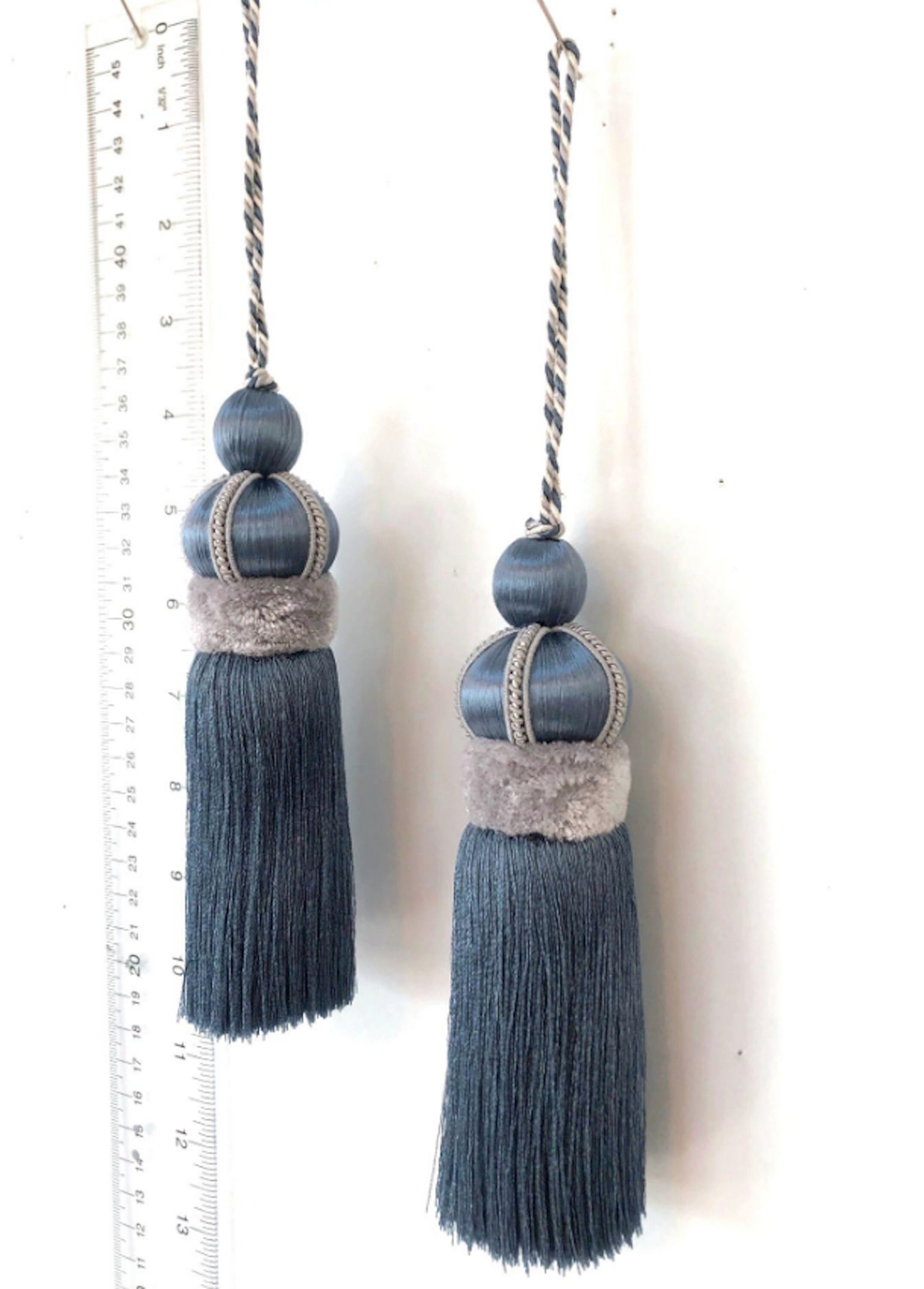 Pair of Slate Blue Key Tassels With Cut Ruche Tassel Height Etsy
