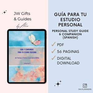 May include: A digital guide for personal study in Spanish, featuring a butterfly illustration and the text "Guía y Compañero para tu Estudio Personal". The guide includes 26 topics and key Bible texts. It is a PDF download with 56 pages.
