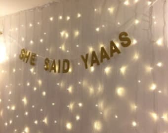 Powiedziała Yaaas banner, powiedziała tak na wieczór panieński banner, brokat banner, Bachlorette dekoracje, Bridal Shower dekoracje